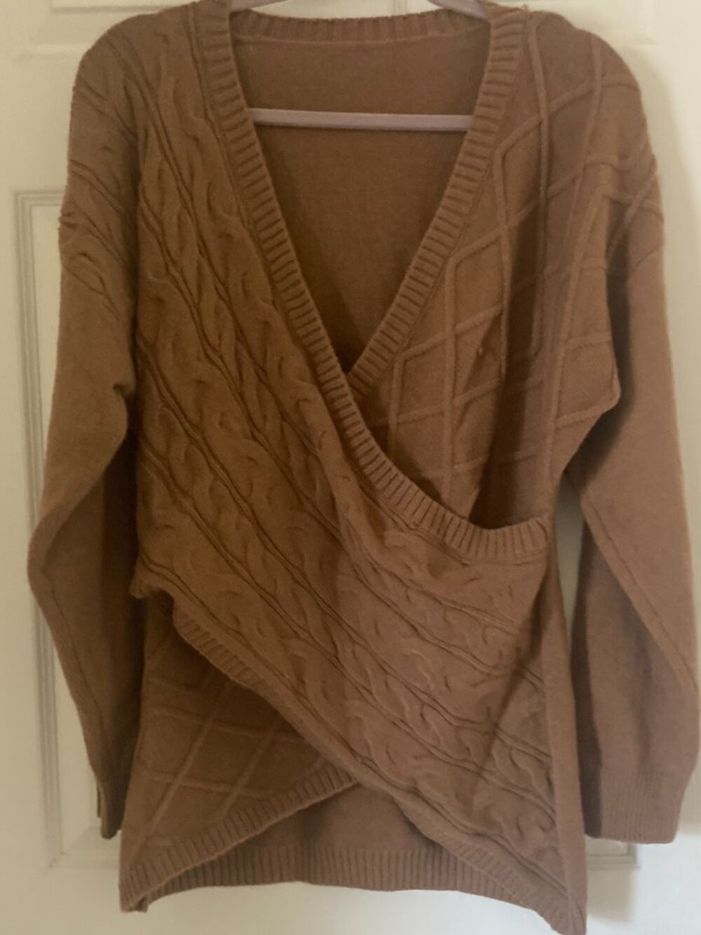 NWOT Brown Camel Cable Knit Wrap Surplice Sweater V-Neck Crossover L